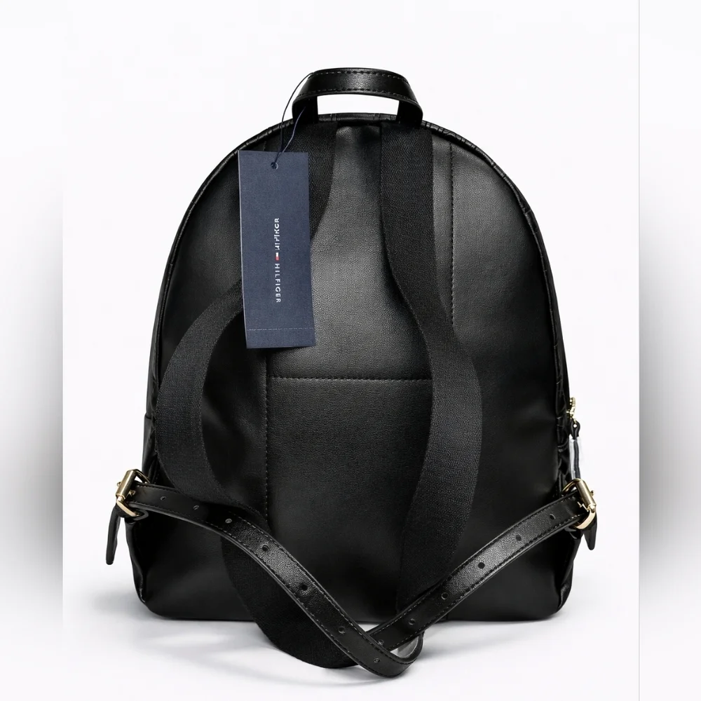 Tommy Hilfiger Black Embossed Backpack | Gold Logo | Zipper Closure | NWT Medium - Picture 4 of 7